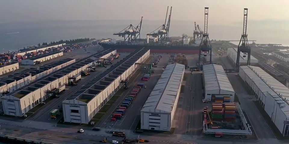 Shipping port with containers